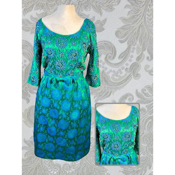 Elegant Green Floral Midi Dress vintage 60s - Picture 1 of 7